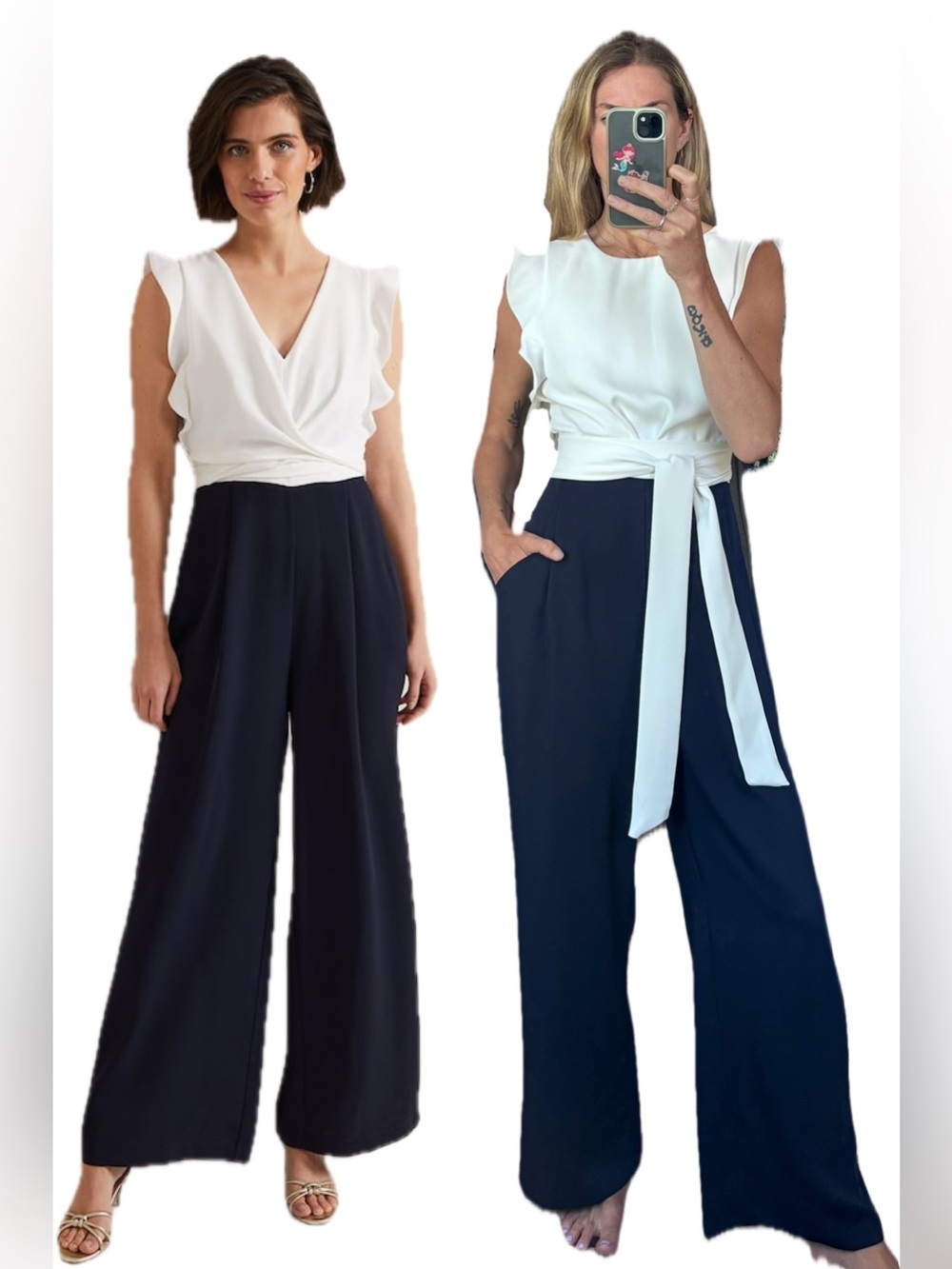 Phase Eight White Ruffle Navy Blue Belted Pocket Wide Leg Tailored Jumpsuit